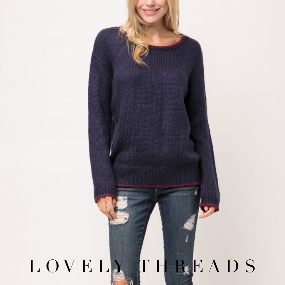 Navy Sweater with Red Hem